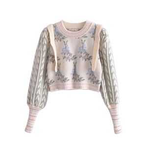 Cider Floral Ruffle Sweater - Cream and Pink
